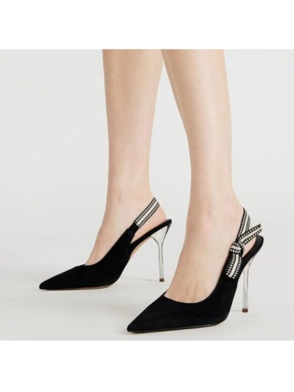 XYD Black Pointed Toe Slingback Pumps Knitted Strap with Bowknot Slip On Shoes